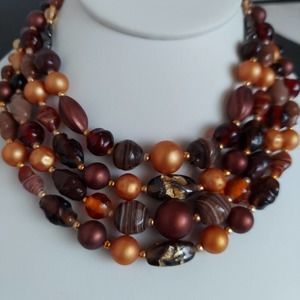 Vintage Japan Multi Strand Mix Bead Collar Necklace 15" Glass Brown Gold Estate